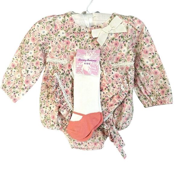 NWT Tommy Bahama Kids Floral Crochet Long Sleeve Bubble Romper Matching Ruffle B - Picture 1 of 8